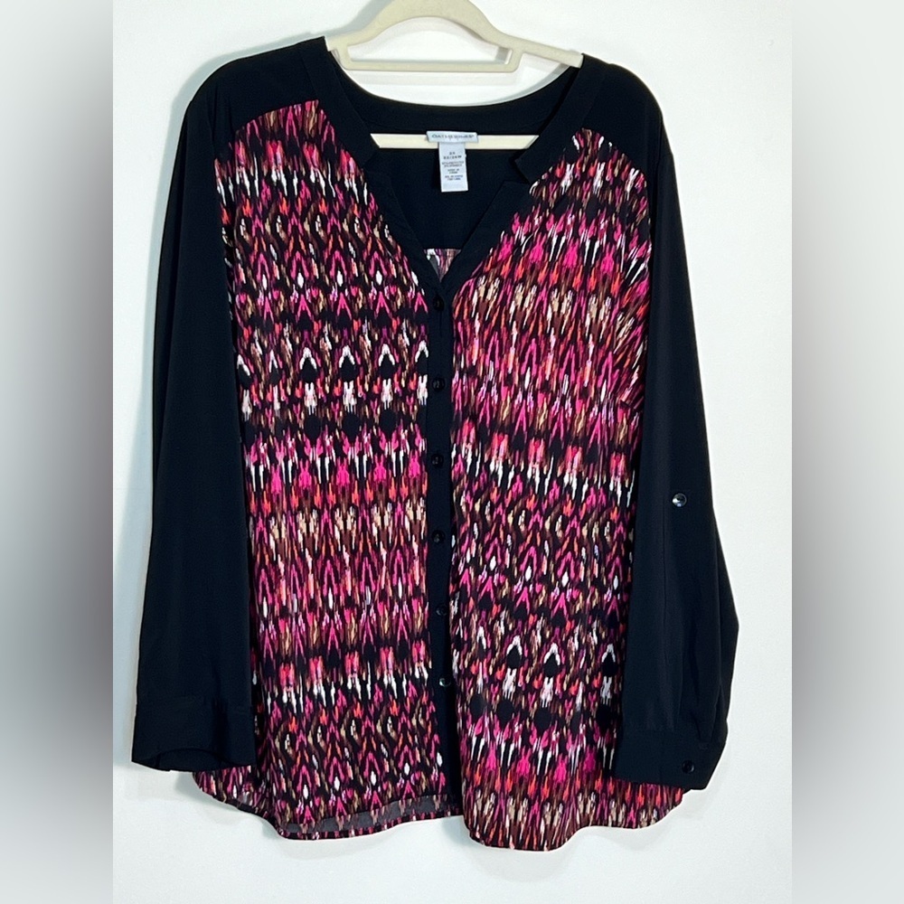 Catherines Blouse Women’s 2X Black Pink Geometric Lightweight Button Up